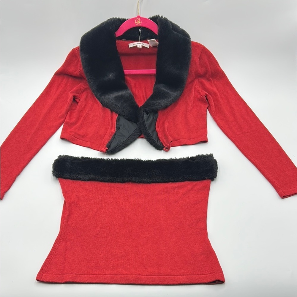 Y2K Style Ballinger Gold cardigan & shell set Medium Red Faux Fur glamour core